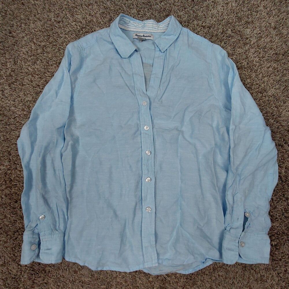 Tommy Bahama Shirt Womens Medium Light Blue 100% Linen Long Sleeve Button Up